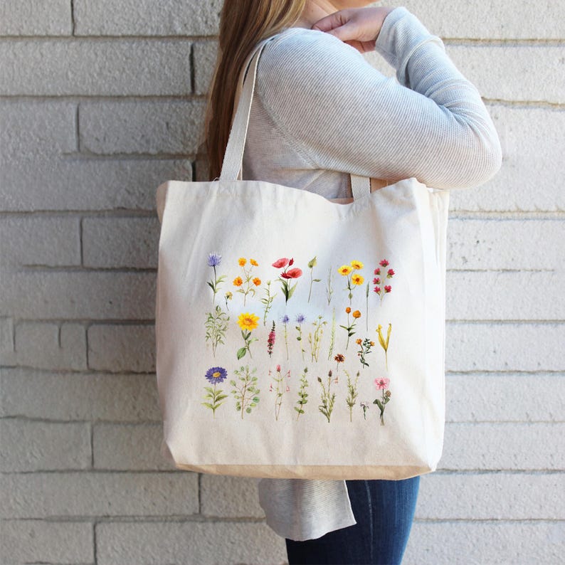 Wildflower Tote Bag, Watercolor Pressed Flowers Design, Eco-Friendly Cotton Canvas