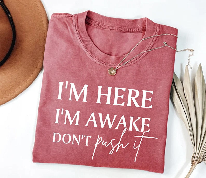 I'm Here I'm Awake Don't Push It Short Sleeve T-Shirt, Funny Gamer Shirt