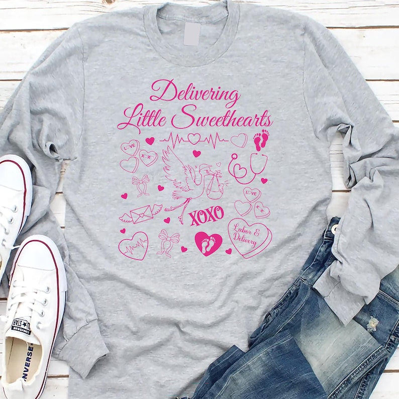 Labor and Delivery Nurse Long Sleeve Shirt, Valentine Day L & D Nurse Shirt