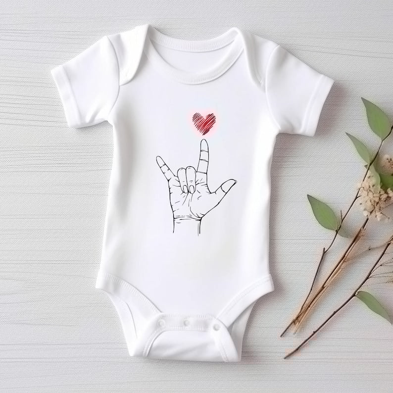 Valentine's Day Baby Bodysuit, Heart Hand Sign Outfit, Cute Valentine Gift for Kids