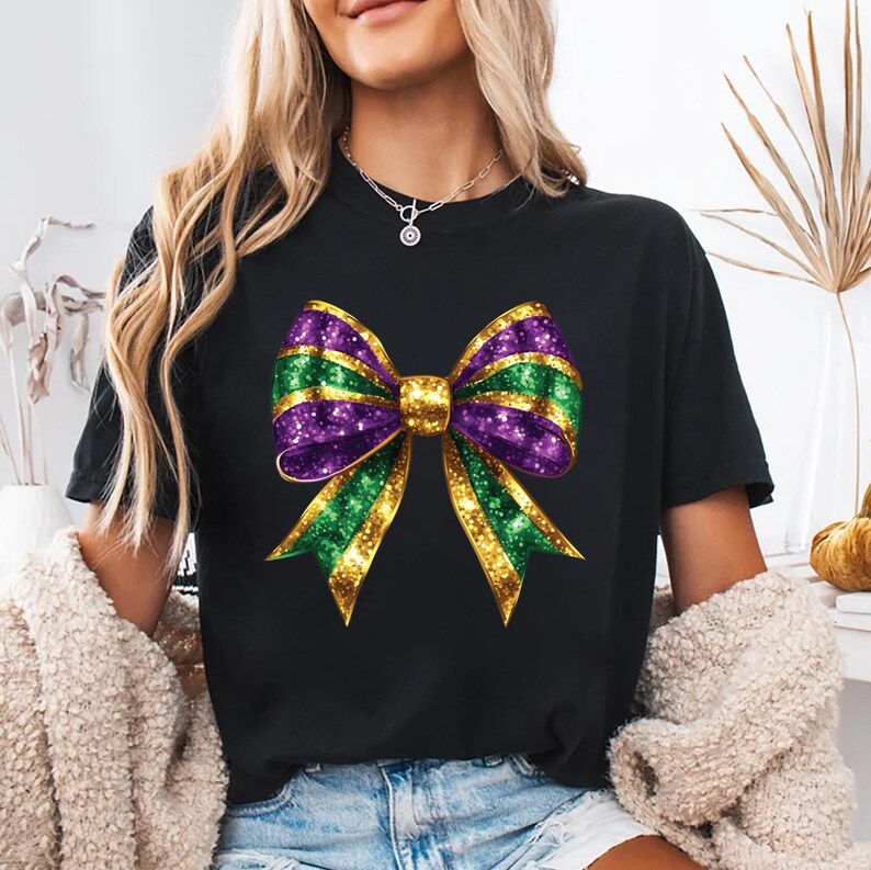 Mardi Gras Coquette Bow Short Sleeve T-Shirt, Mardi Gras Bow Gift