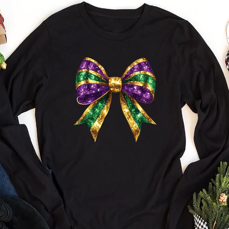 Mardi Gras Coquette Bow Long Sleeve Shirt, Mardi Gras Bow Gift