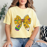 Teacher Mardi Gras Short Sleeve T-Shirt, Coquette Pencil Bow Shirt