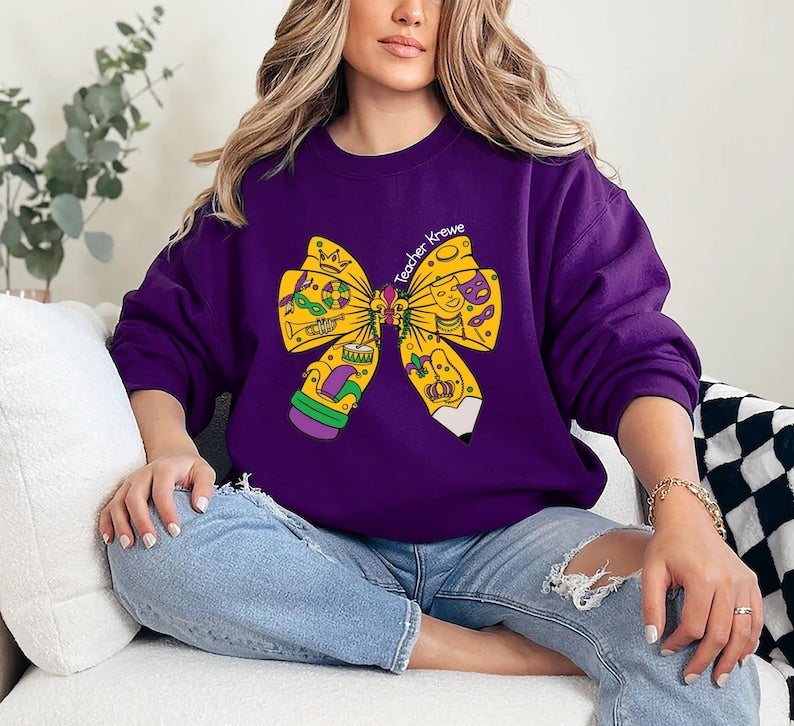 Teacher Mardi Gras Sweatshirt, Coquette Pencil Bow Sweatshirt