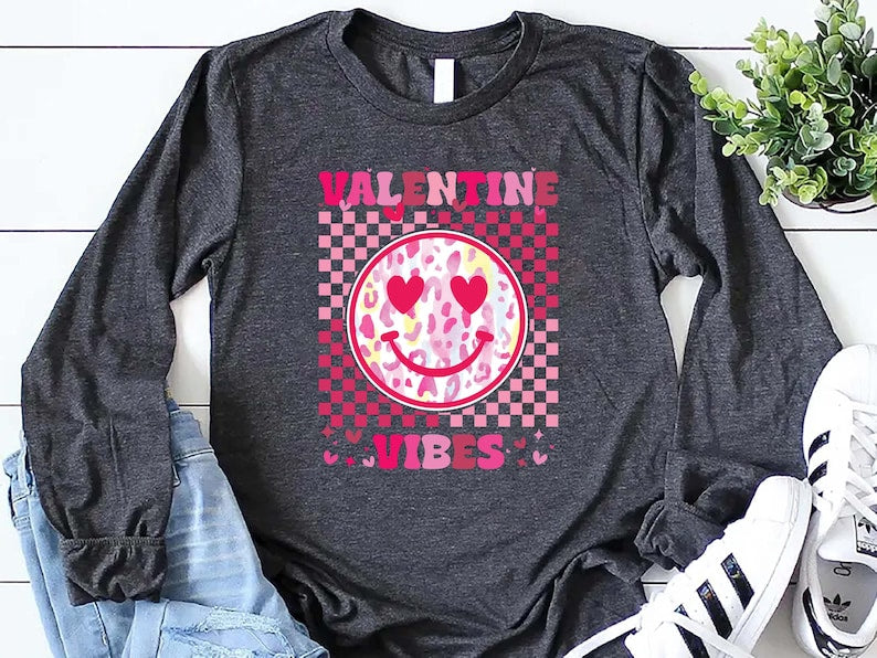 Retro Valentine's Day Long Sleeve Shirt, Heart Valentine Vibes Shirt