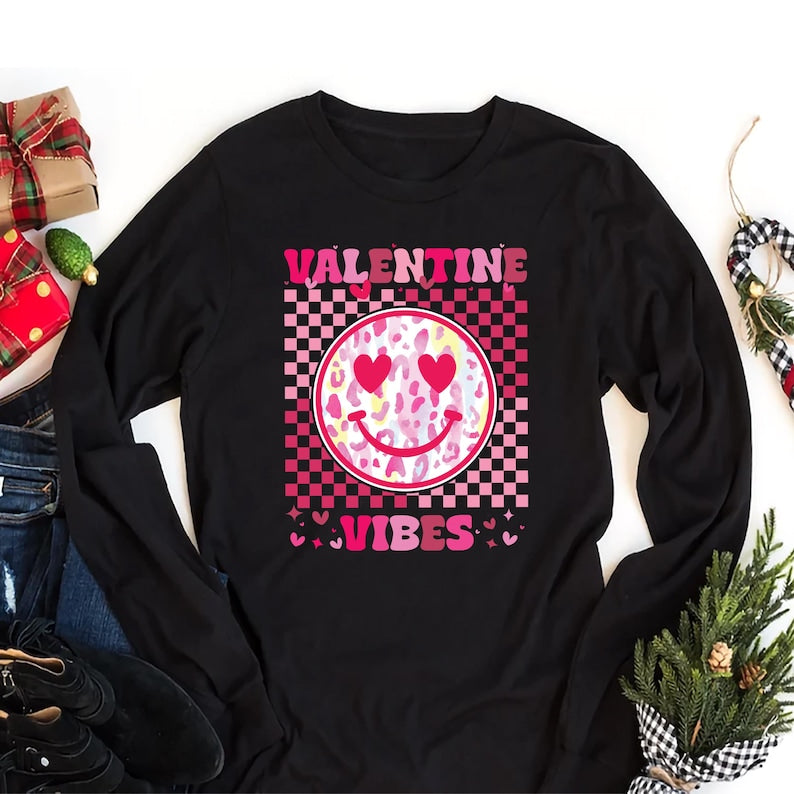 Retro Valentine's Day Long Sleeve Shirt, Heart Valentine Vibes Shirt