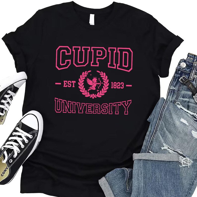 Cupid University Short Sleeve T-Shirt, Cute Valentine's Day Graphic Shirt