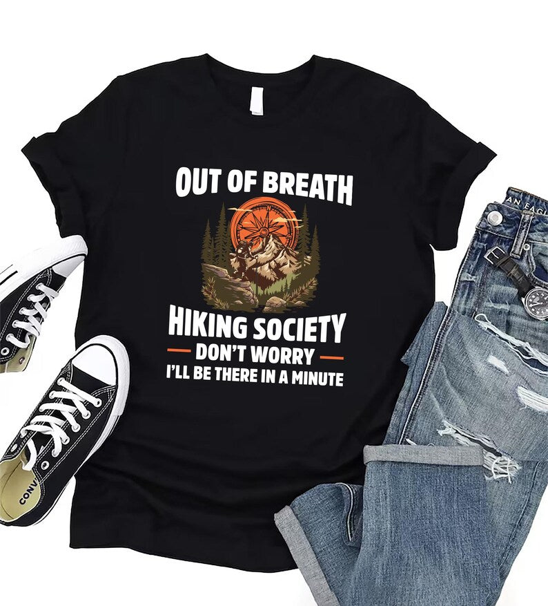 Out of Breath Hiking Society Short Sleeve T-Shirt, Funny Hiking T-Shirt