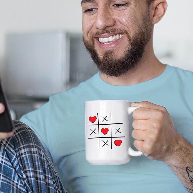 Valentine's Day Tic Tac Toe Mug, XOXO Red Heart Coffee Mug, Cute Valentine's Gift for Her, Love Coffee Cup, Romantic Kitchen Decor