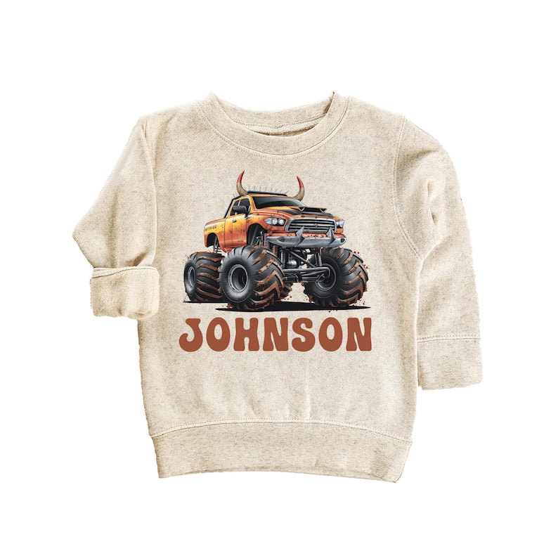 Personalized Monster Truck Baby Sweatshirt, Off-road Kids Outfit, Custom Name Birthday Gift