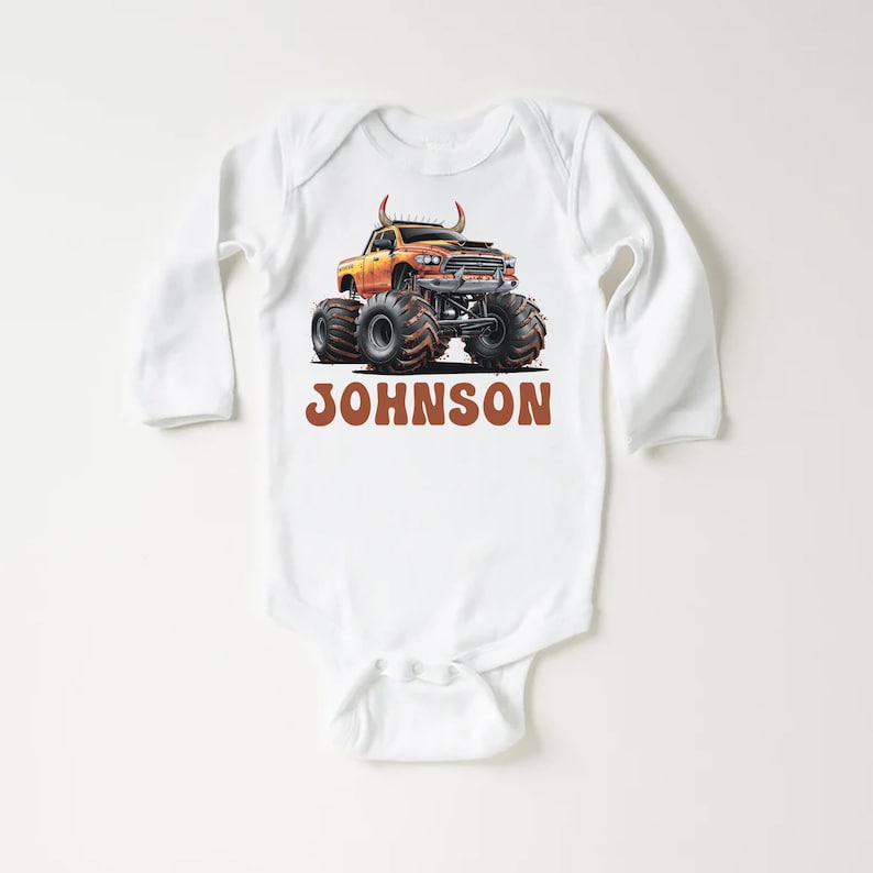 Personalized Monster Truck Baby Bodysuit, Off-road Kids Outfit, Custom Name Birthday Gift