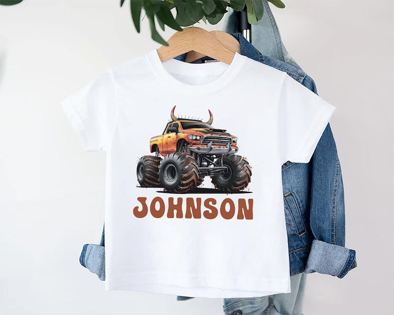 Personalized Monster Truck Baby Bodysuit, Off-road Kids Outfit, Custom Name Birthday Gift