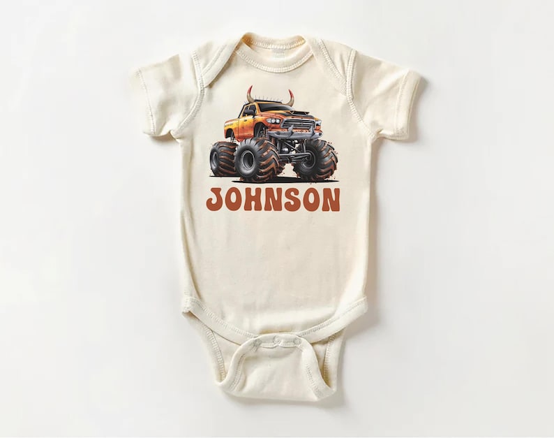 Personalized Monster Truck Baby Bodysuit, Off-road Kids Outfit, Custom Name Birthday Gift