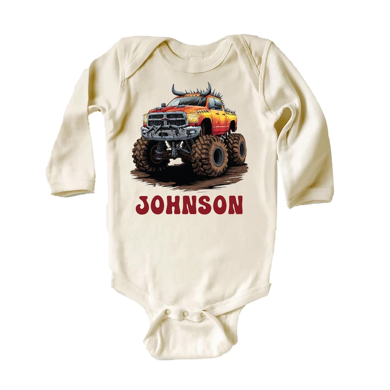 Personalized Monster Truck Baby Bodysuit, Off-road Kids Outfit, Custom Name Birthday Gift