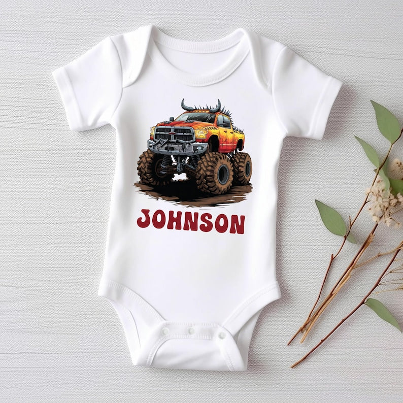 Personalized Monster Truck Baby Shirt, Off-road Kids Outfit, Custom Name Birthday Gift