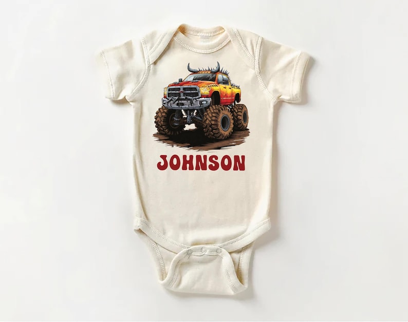 Personalized Monster Truck Baby Bodysuit, Off-road Kids Outfit, Custom Name Birthday Gift