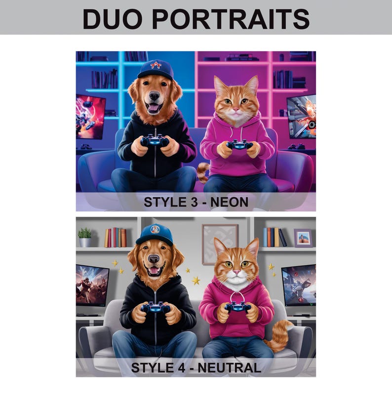 Custom Gamer Pet Portrait, Personalized Dog or Cat Painting, Gaming Gifts for Men Boyfriend Husband Son Dog Dad, Gaming Room Wall Art Poster