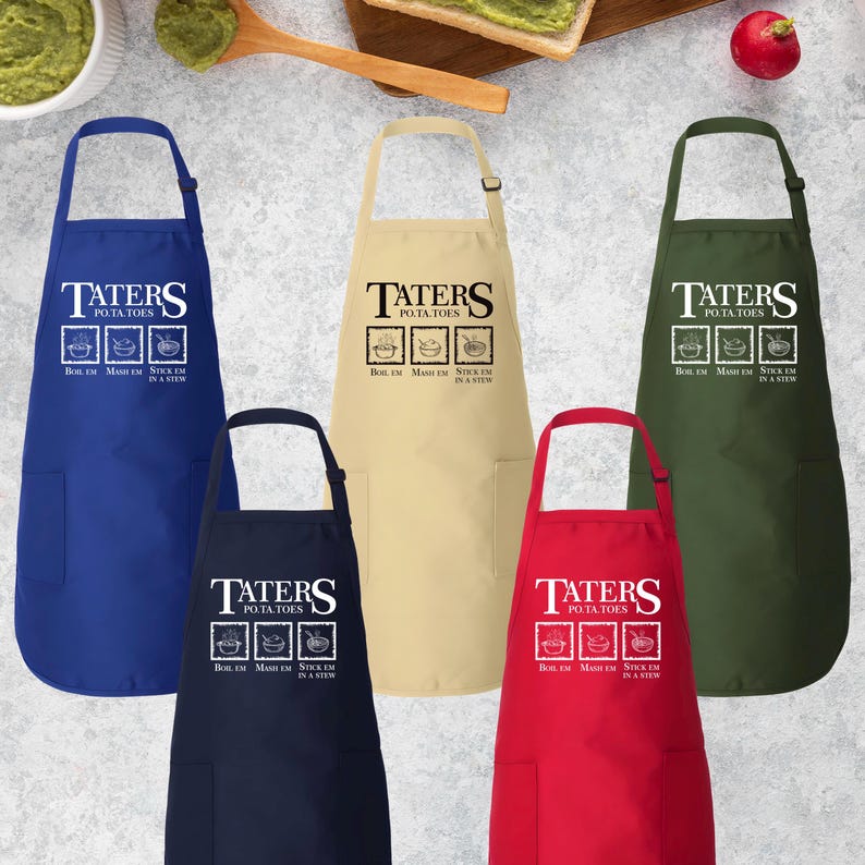 Taters Boil Em Mash Em Stew Em Apron, Adjustable Neck, Full-Length BBQ Cooking Apron with Pockets, Baking Funny Cooking Chef Apron