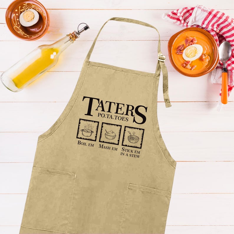 Taters Boil Em Mash Em Stew Em Apron, Adjustable Neck, Full-Length BBQ Cooking Apron with Pockets, Baking Funny Cooking Chef Apron