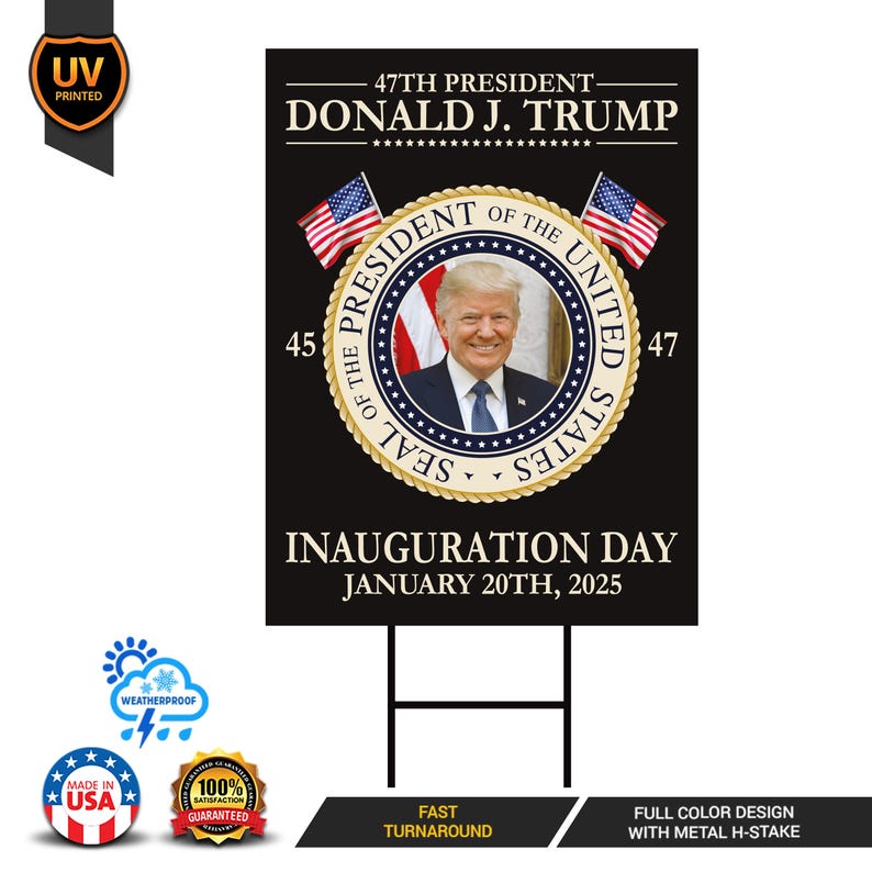 Trump Inauguration 2025 Yard Sign - JD Vance Lawn Sign, 45 47 President Donald Trump Sign, Trump Inauguration Yard Sign with Metal H-Stake