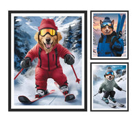 Personalized Skiing Pet Portrait, Custom Dog or Cat Painting, Snow Ski Gifts for Pet Lovers, Digital Prints, Skier-Themed Wall Art Decor