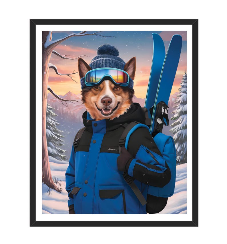 Personalized Skiing Pet Portrait, Custom Dog or Cat Painting