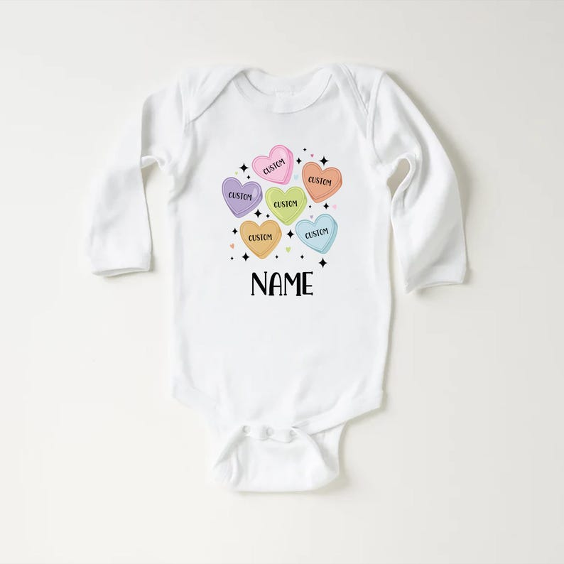 Custom Candy Hearts Baby Bodysuit, Personalized Valentine’s Day Outfit