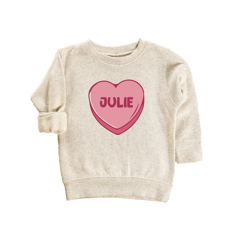 Candy Heart Name Baby Sweatshirt, Custom Name Valentine’s Day Outfit for Baby Girls