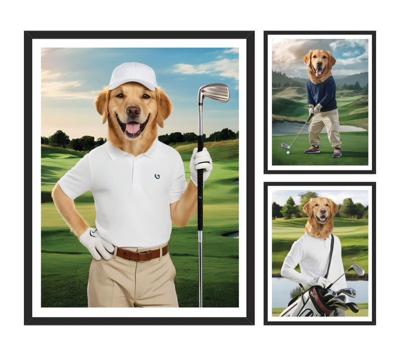 Personalized Golfer Dog Portrait, Custom Pet Wall Art, Funny Golf Gifts for Men