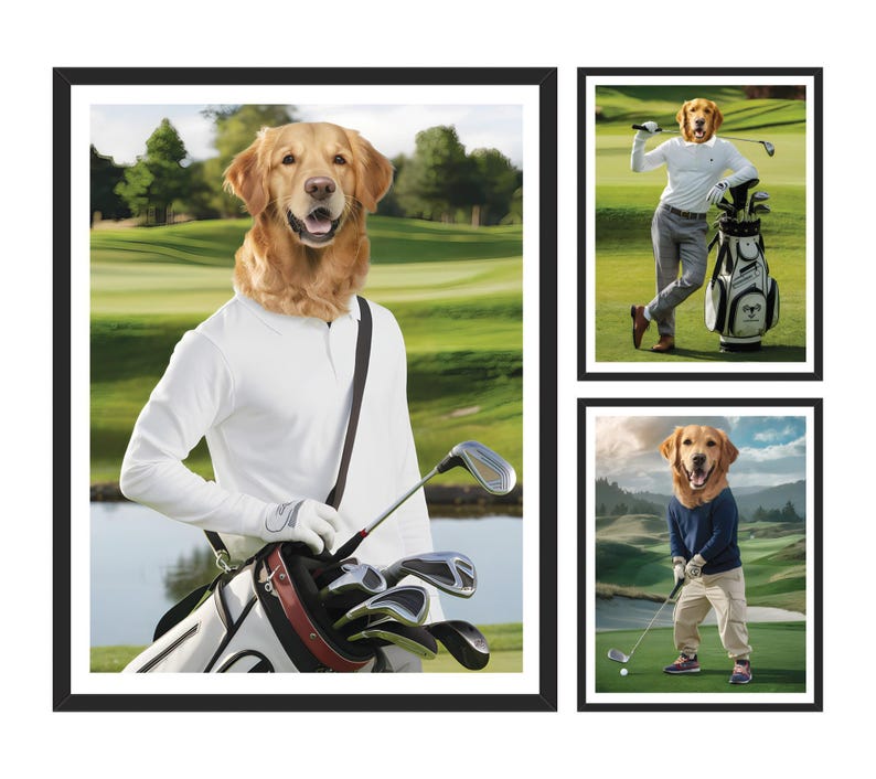 Personalized Golfer Dog Portrait, Custom Pet Wall Art, Funny Golf Gifts for Men