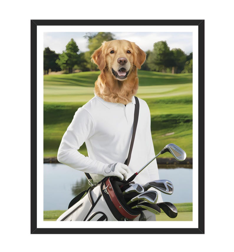 Personalized Golfer Dog Portrait, Custom Pet Wall Art, Funny Golf Gifts for Men