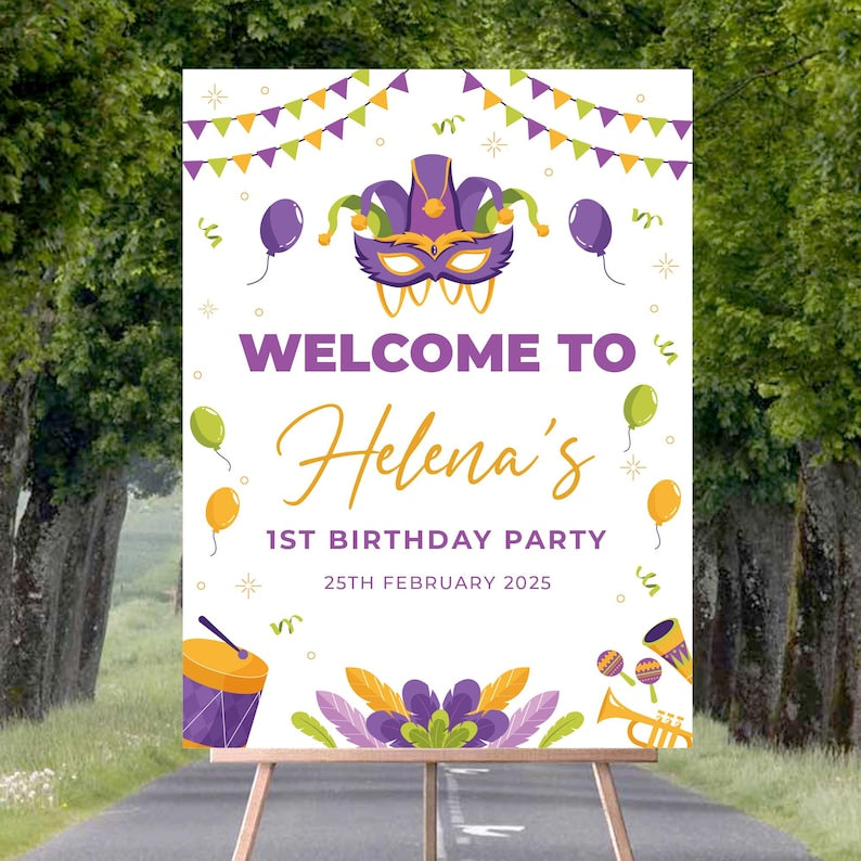 Mardi Gras Birthday Foam Board Poster Welcome Sign, Krewe Carnival Birthday Custom Foamcore Sign