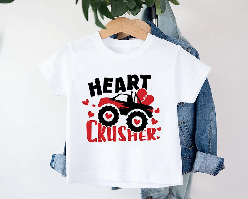 Heart Crusher Monster Truck Baby Bodysuit, Kids Valentine Outfit