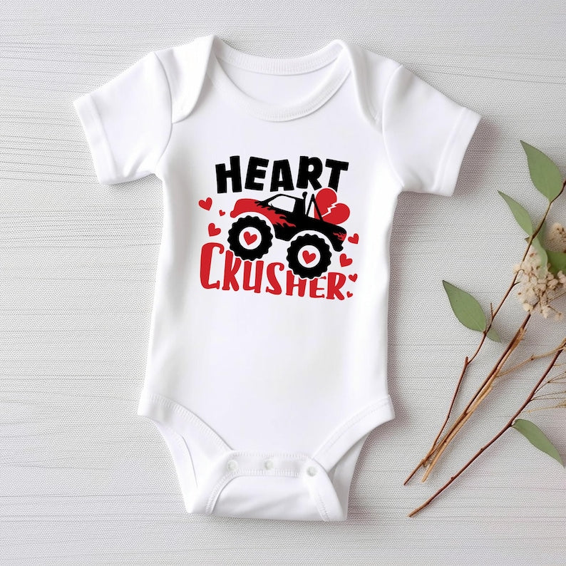 Heart Crusher Monster Truck Baby Bodysuit, Kids Valentine Outfit