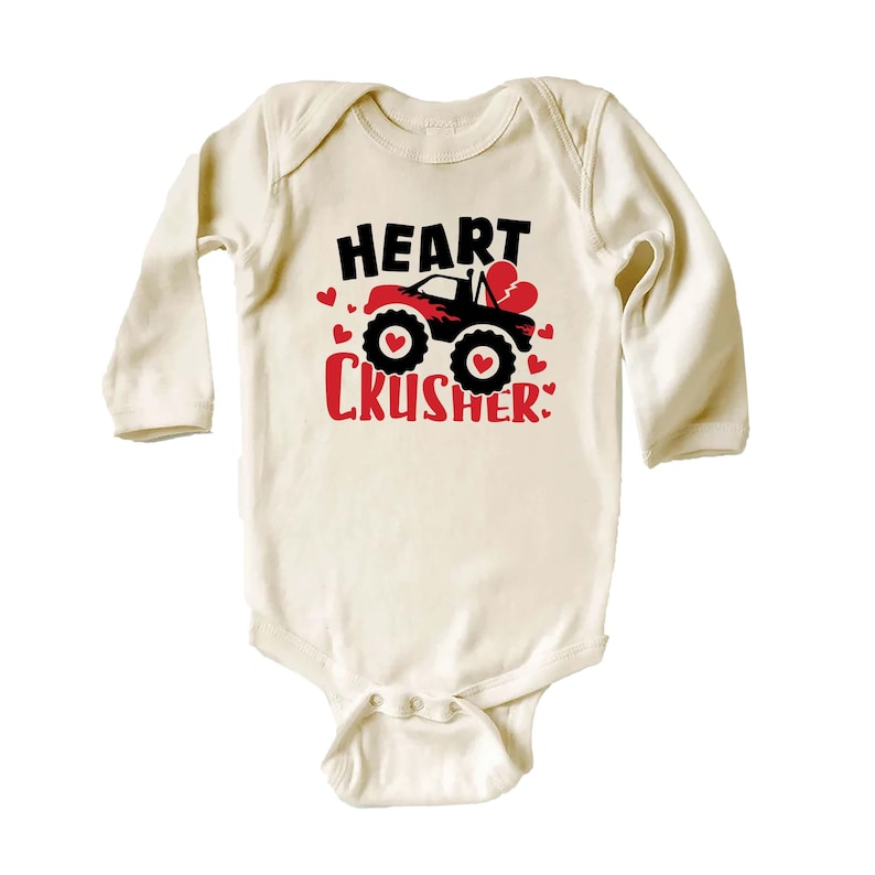 Heart Crusher Monster Truck Baby Bodysuit, Kids Valentine Outfit