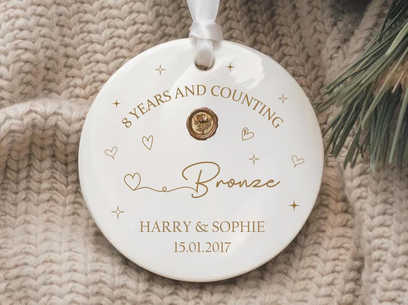 Personalized 8th Anniversary Ornament, Eighth Year Anniversary Ceramic Keepsake