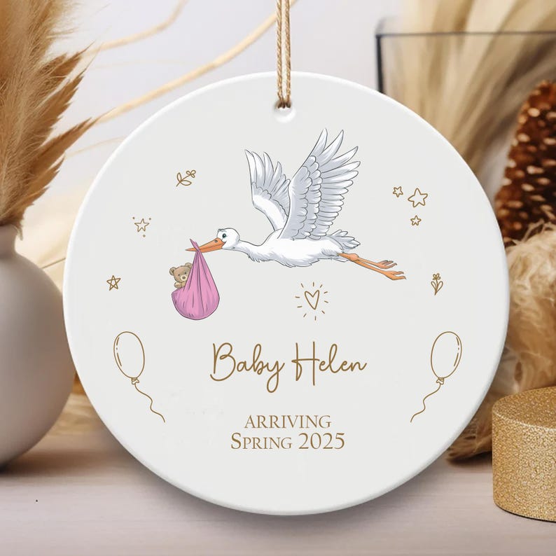 Personalized Stork Baby Announcement Ornament, Pregnancy Announcement Ceramic Keepsake