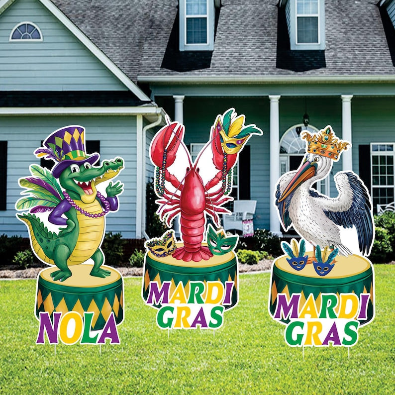 Alligator Crawfish Pelican Mardi Gras Yard Sign Cutouts, Masquerade Decorations New Orleans, Mardi Gras Carnival Lawn Sign With Metal Stakes