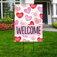 Valentine's Day Welcome Yard Sign Decorations - Plastic Candy Love Heart Anniversary Happy Valentine’s Day Yard Sign with Metal H-Stake