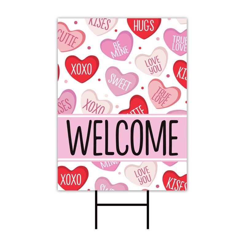 Valentine's Day Welcome Yard Sign Decorations - Plastic Candy Love Heart Anniversary Happy Valentine’s Day Yard Sign with Metal H-Stake