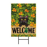 St Patrick's Day Yard Sign - Coroplast Irish Shamrock Yard Decorations, Black Cat Welcome Shamrocks Holiday Yard Sign with Metal H-Stake