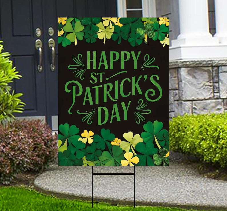 Happy St Patrick's Day Yard Sign, Coroplast Irish Shamrock Yard Decorations, Green Lucky Clover Welcome Holiday Lawn Sign with Metal H-Stake