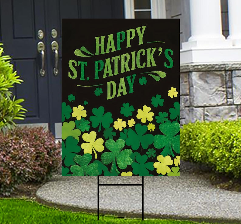 Happy St Patrick's Day Yard Sign, Coroplast Irish Shamrock Yard Decorations, Green Lucky Clover Welcome Holiday Lawn Sign with Metal H-Stake