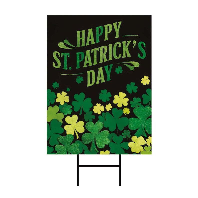 Happy St Patrick's Day Yard Sign, Coroplast Irish Shamrock Yard Decorations, Green Lucky Clover Welcome Holiday Lawn Sign with Metal H-Stake