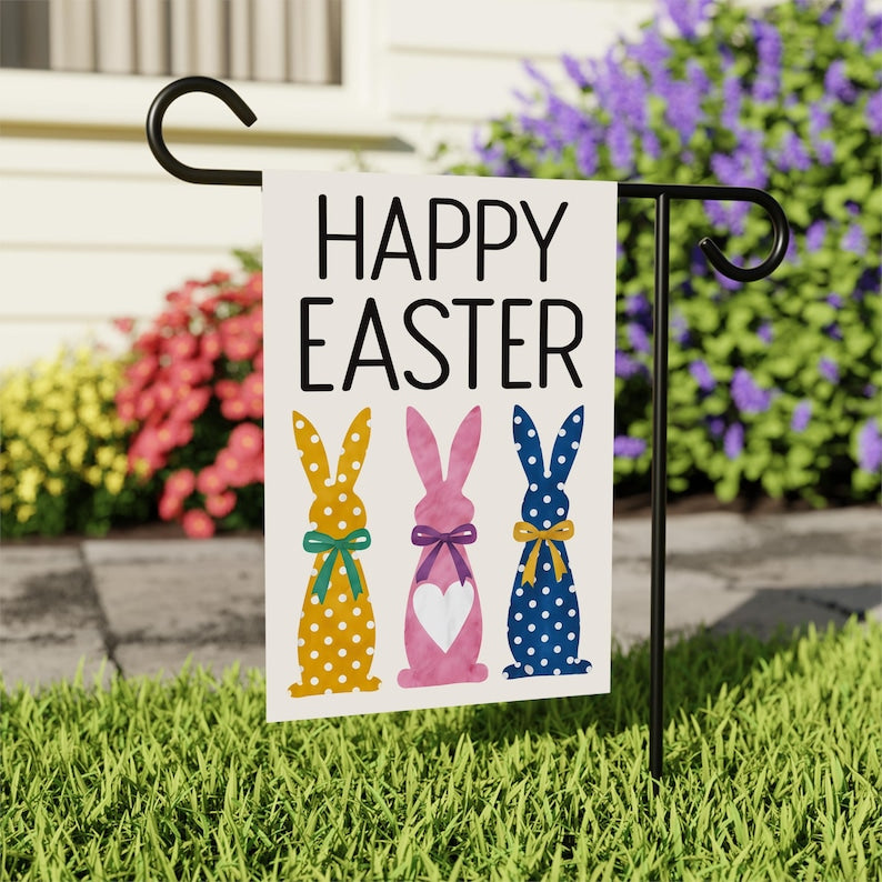 Happy Easter Polka Dot Rabbit Welcome Garden Flag, 12x18 Inch Double Sided, Love Heart Bunny Bow Easter Day Yard Decorations, Bunny Flag