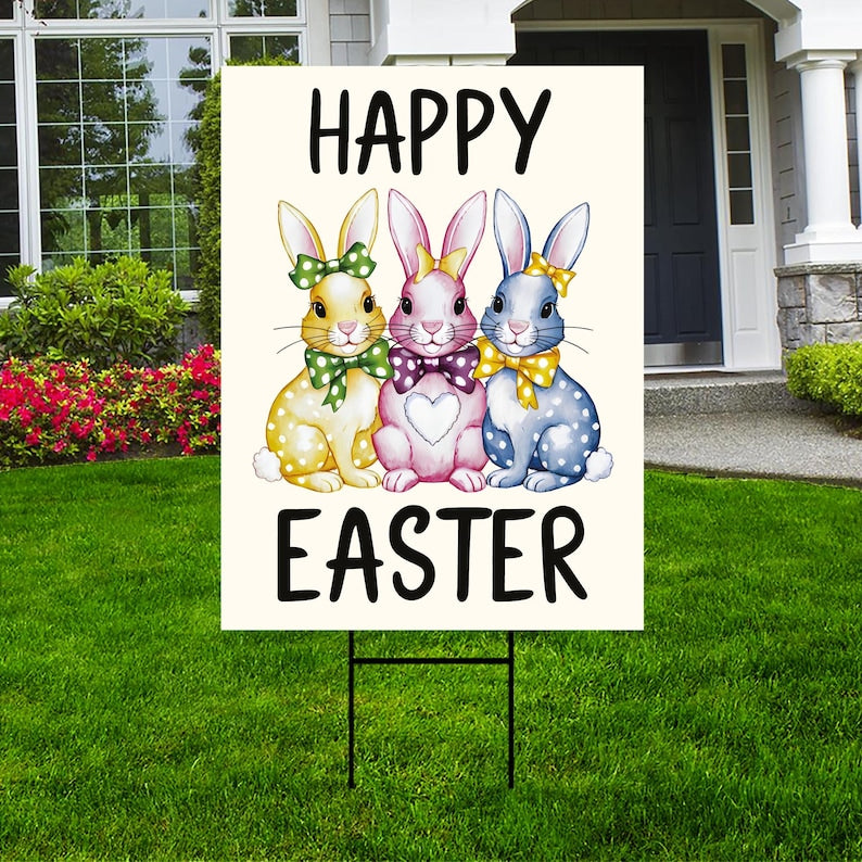 Happy Easter Polka Dot Rabbit Welcome Yard Sign, Love Heart Bunny Bow Easter Day Decorations, Polka Dot Bunny Lawn Signs with Metal H-Stake