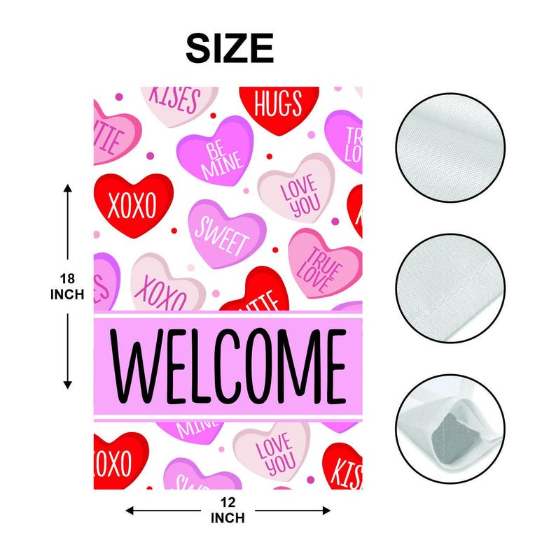 Valentine's Day Welcome Garden Flag, 12x18 Inch Double Sided, Welcome Candy Love Hearts Anniversary Flag, Happy Valentine’s Day Flag