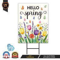 Hello Spring Tulip Lavender Yard Sign - Seasonal Flower Outdoor Lawn Decorations, Easter Hello Spring Yard Decor with Metal H-Stake