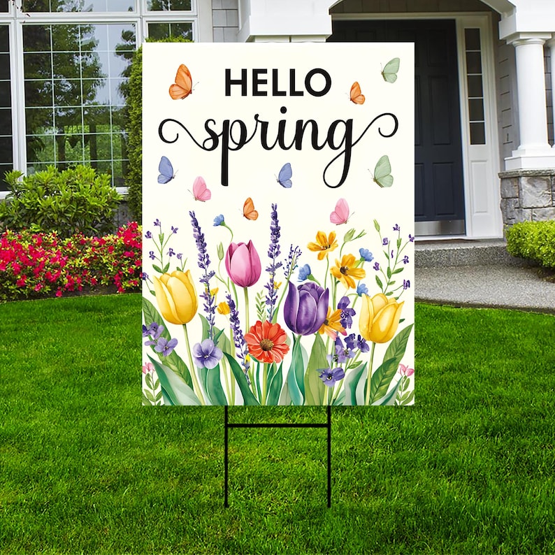 Hello Spring Tulip Lavender Yard Sign - Seasonal Flower Outdoor Lawn Decorations, Easter Hello Spring Yard Decor with Metal H-Stake