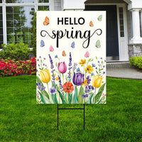 Hello Spring Tulip Lavender Yard Sign - Seasonal Flower Outdoor Lawn Decorations, Easter Hello Spring Yard Decor with Metal H-Stake